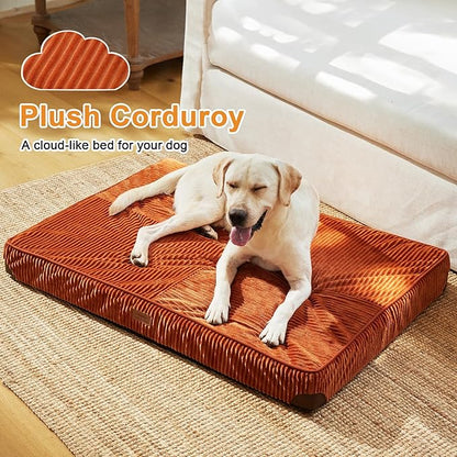 FUKUMARU Dog Bed, Thickened Corduroy Orthopedic Dog Beds with Washable Cover, XL Waterproof Dogs Bed for Crate, 28D Egg Crate Foam Support Pet Mat, Cozy Pet Bed Pad with Anti-Slip Bottom, Orange