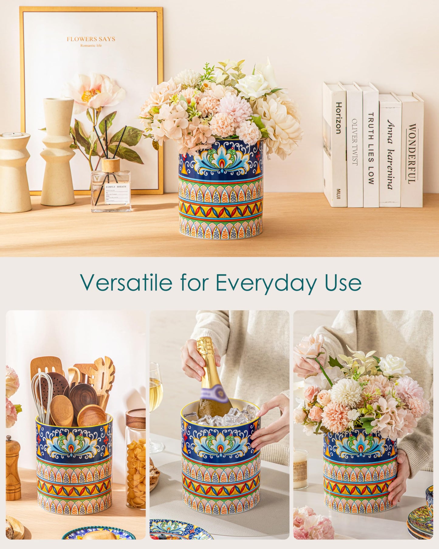 vancasso SIMI Utensil Holder, 7.3"+5.5" Porcelain Kitchen Utensil Holder for Countertop, Bohemian Kitchen Utensil Organizer for Spatulas, Spoons, Decorative Counter Utensil Crock, Celestial Harmony