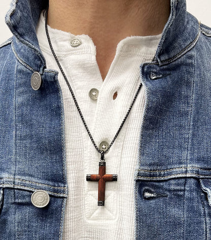 Metal Masters Co. Wood Cross Pendant Necklace Black Stainless Steel 24" Round Box Chain