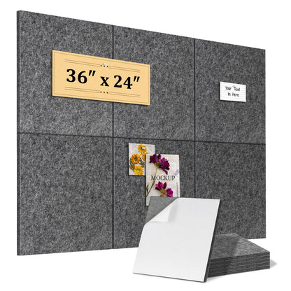 QUEENLINK Large Cork Board 36"x24", 6-Pack Self-Adhesive Felt Bulletin Board Tiles with 60 Push Pins, Square Felt Wall Panels Pin Board Tack Board Wall Organizer for Home Office Decor, Grey