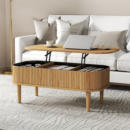Fluted Lift Top Coffee Table with Hidden Storage, Oval Coffee Table with Lifting Top, Mid Century Modern Design for Living Room, Office & Small Spaces, Natural