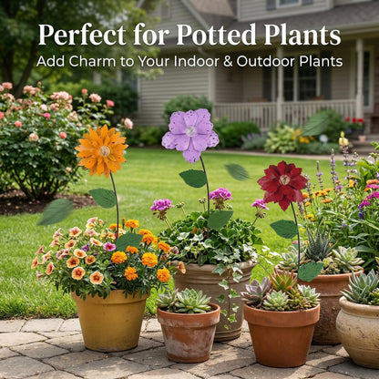 Topadorn 3 Pack Glow-in-the-Dark Flower Garden Stakes, Metal Plant Picks with Shaking Heads, Weatherproof Yard Pathway Decor