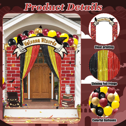 JewGewenil Wizard School Theme Party Banners - 25Pcs Black Red Gold Foil Fringe Backdrop Curtains and Balloon Decoration Set, Magic Inspired Design for Classroom Birthday Photo Booth (Welcome Wizard)
