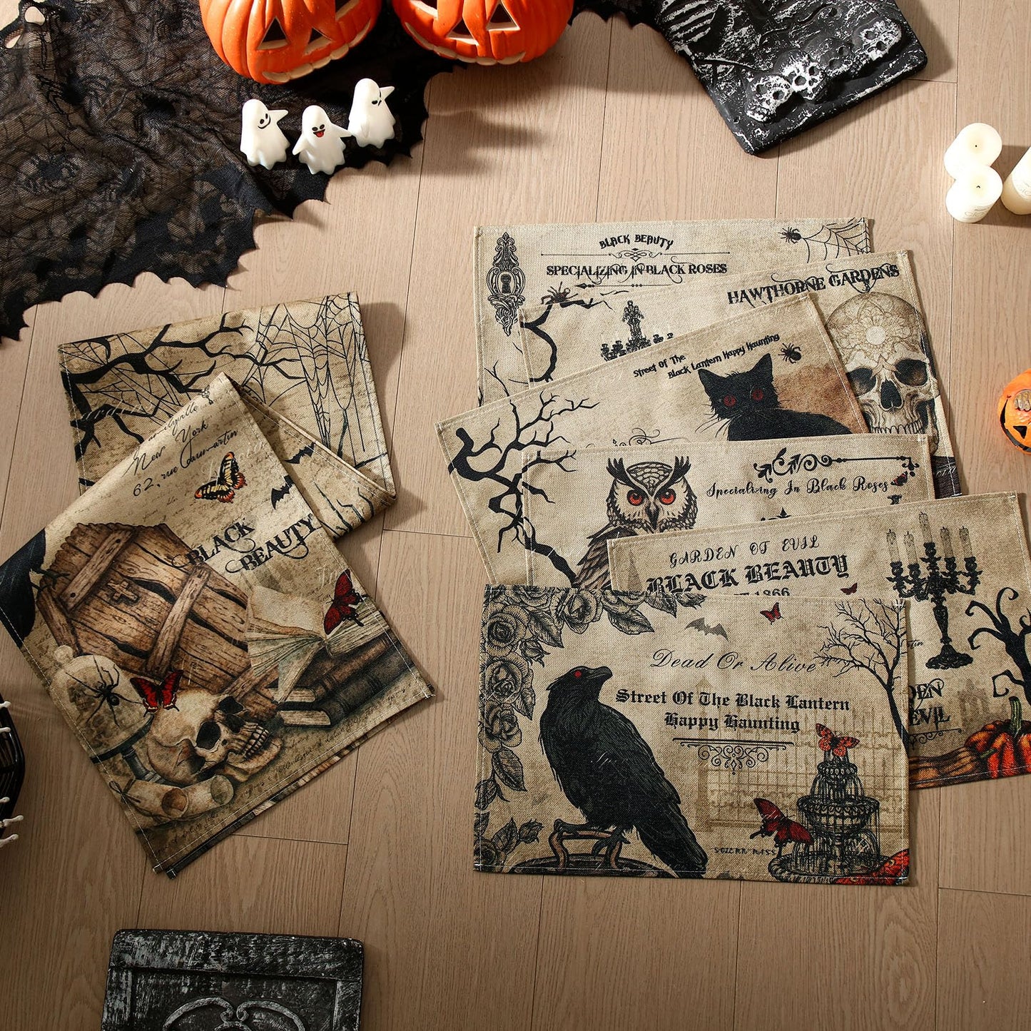 Breling 7 Pcs Halloween Placemats with Runner 12"x18" Terror Forest Gothic Bat Placemats Washable Rectangle Skull Table Mats for Halloween Kitchen Dining Table Home Accessories(Gothic)