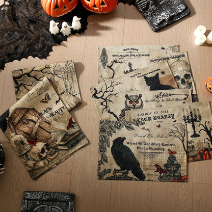 Breling 7 Pcs Halloween Placemats with Runner 12"x18" Terror Forest Gothic Bat Placemats Washable Rectangle Skull Table Mats for Halloween Kitchen Dining Table Home Accessories(Gothic)