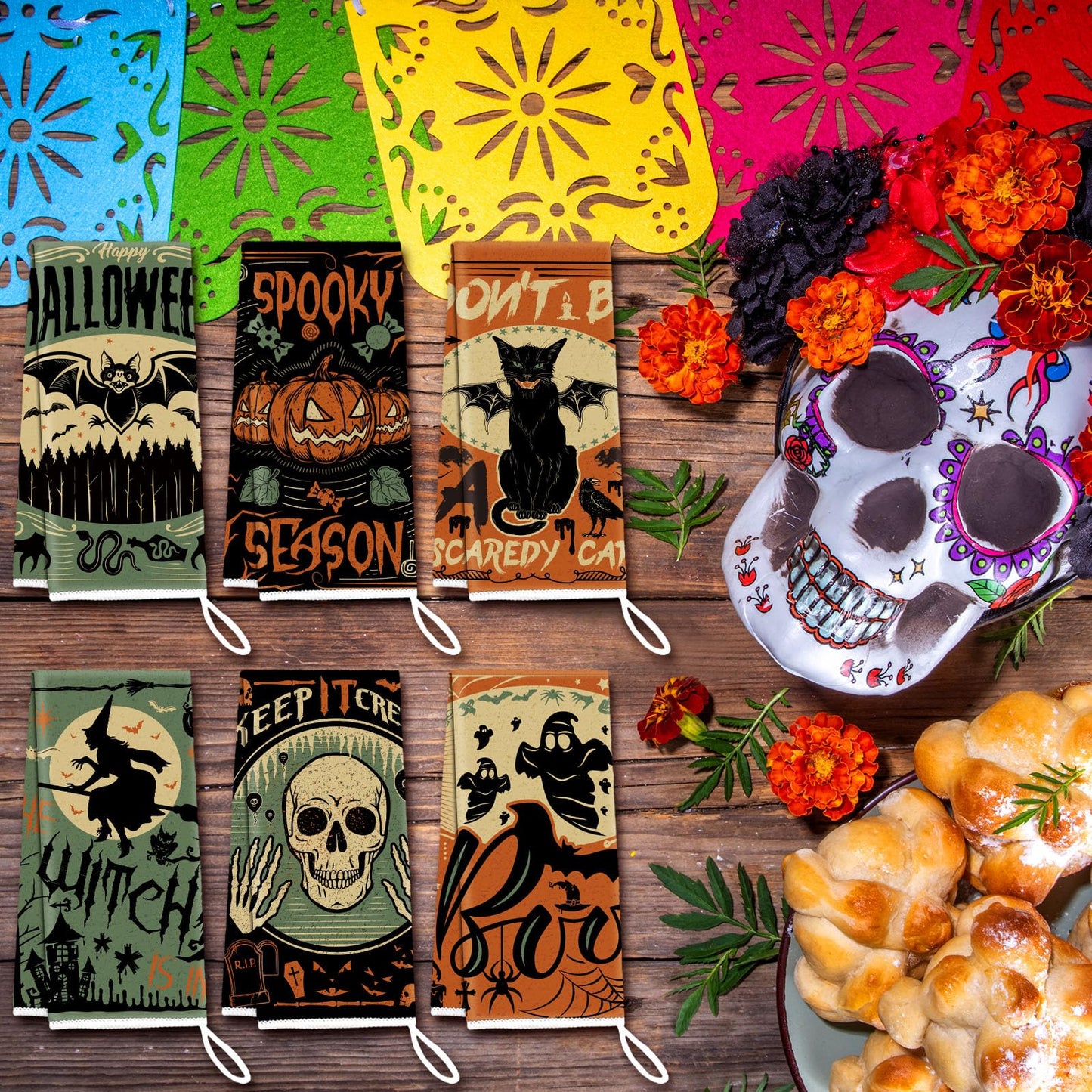 Ganeen 6 Pcs Halloween Kitchen Hand Towels Trick or Treat Towels Spooky Cat Bat Dish Holiday Tea Set Bathroom Decorative 14.2 x 21.3 Inch for Hand Bathroom Guest Holiday, Novel