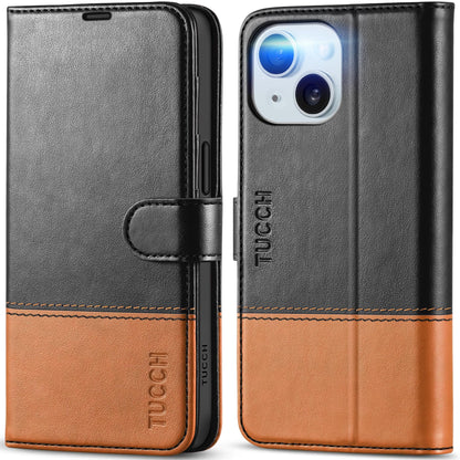 TUCCH Wallet Case for iPhone 15 5G, [RFID Blocking] 4 Card Slot Holder Kickstand [Shockproof TPU Interior Case], PU Leather Magnetic Flip Cover Compatible with iPhone 15 6.1" 2023, Black & Brown