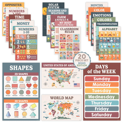 Decorably 20 Boho Learning Posters for Kids Ages 3-5, 11x17in Educational Matte-Laminated for Classrooms, Homeschool, School Hallways, Bulletin Boards