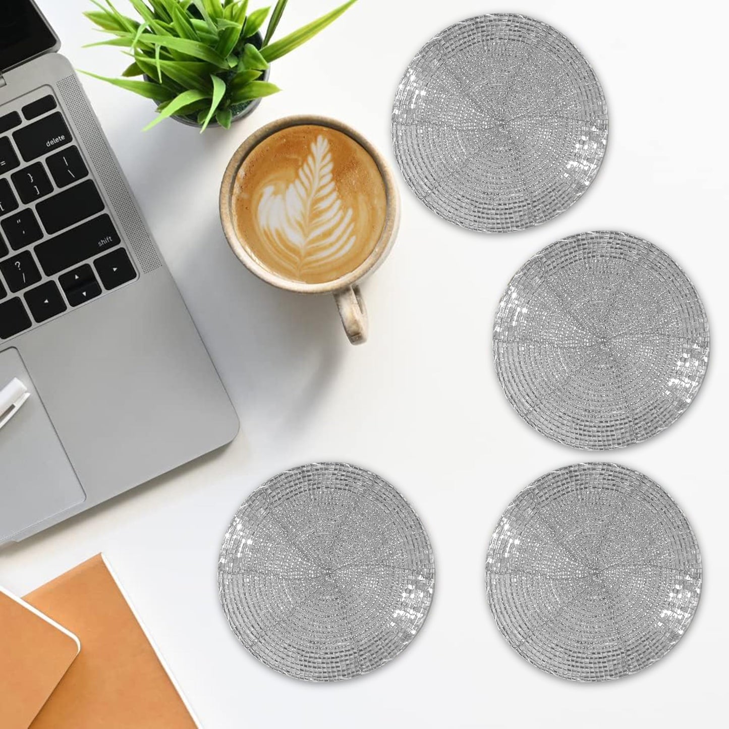 Silver Coasters Set of 4,Handmade Beaded Bar Drink Tabletop Protection Coasters - Halloween Harvest Autumn Fall Thanksgiving Holiday Christmas Xmas Celebration Festive Party 4" Round - Silver