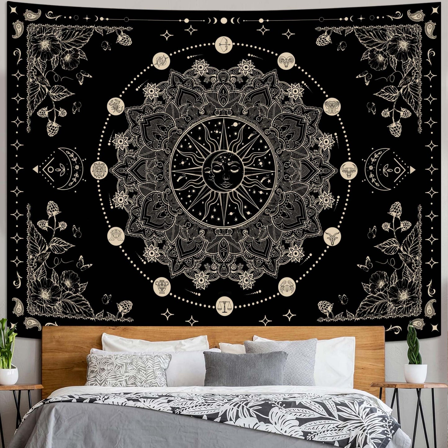 Lunerfex Sun and Moon Mandala Tapestry Boho Tapestry for Bedroom Black and White Tapestries Wall Hanging Living Room Wall Art and Home Decor 70x90