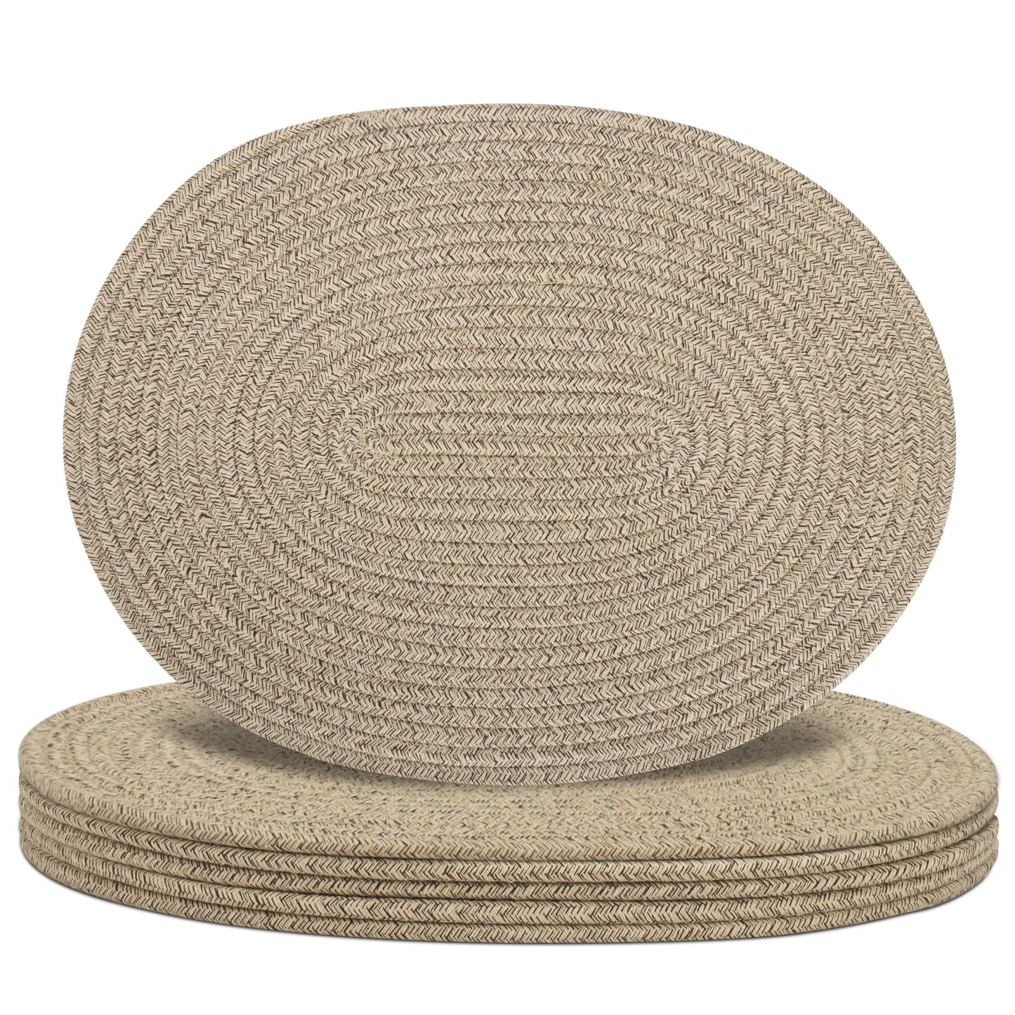 Oval Woven Placemats Set of 6, Boho Cotton Rope Braided Table Mats, 17x13 Inches Non Slip Heat Resistant Place Mats for Dining Room, Thick Hot Pads for Farmhouse Kitchen Table Decor. (Brown)