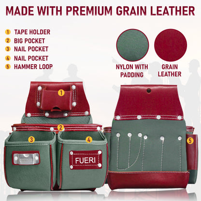 FUERI Carpenter Tool Belt made with Nylon & Grain Leather comes with Adjust to fit Padded Belt, Pouches with multiple pockets, Suspender loops, and a Hammer Holder (Best Gift for your father)