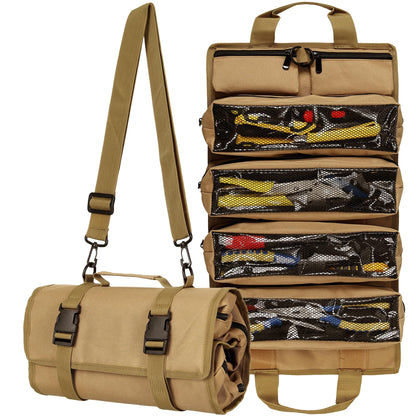 Tool Bag,Gifts for Men,Roll Up Tool Bag, Rollable Carrying Toolbag,Heavy Duty Tool Organizer, Foldable Empty Rollup Organizer with 2 Small Pouches (Khaki)