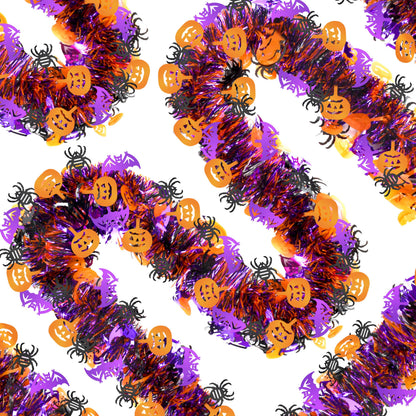66 Ft Halloween Tinsel Garland, Purple Black Orange Glitter Tinsel Garlands with Pumpkin Bat Spider Metallic Twist Hanging Streamers Decoration for Halloween Party Home Indoor Outdoor Decor Supply
