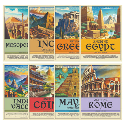 Wallbuddy Ancient Civilization Educational Posters Set of 8 | Social Studies Classroom Learning Materials | Ancient History Posters Unframed Wall Art Prints | Around The World Decorations (12x16)