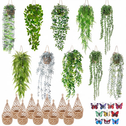 Giegxin 10 Set Fake Hanging Plant with Macrame Basket Summer Mini Artificial Macrame Plant Hanger with Woven Basket and Butterfly Ivy Faux Vines Eucalyptus Leaf for Indoor Home Wall Shelf Decor