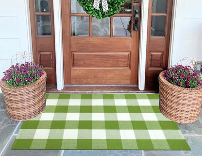 Green and White Outdoor Rug 27.5''X 43.3'' Buffalo Checked Porch Rug Cotton Woven Washable Layering Door Mat for Welcome Door Mat Porch Entryway Bedroom Living Room