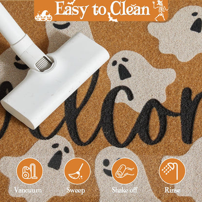 TYUU Halloween Door Mat Spooky Ghost Welcome Mat for Front Door Outdoor Entrance Doormat Coir Dirt Trapper with Non Slip Backing, 17x30, Welcome Ghost