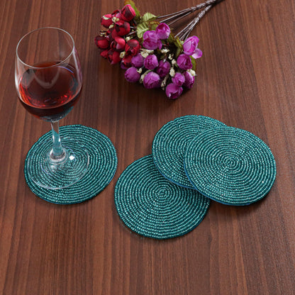 Handmade Beaded Bar Drink Tabletop Protection Coasters - Set of 4 - Halloween Harvest Autumn Fall Thanksgiving Holiday Christmas Xmas Celebration Festive Party 4" Round - Solid Teal