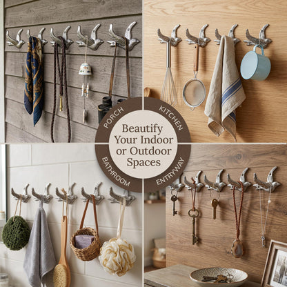 Flying Bird Decorative Wall Hooks (5 Pack) Cast Iron, Silver Coat Hooks, Wall Mounted - Farmhouse Decor, Hooks for Coats, Bags, Hats, Towels, Easy to Install (Antique Silver Hooks)