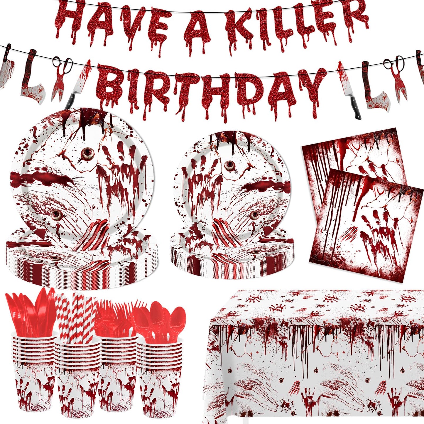 MEHOFOND Killer Birthday Decoration, 194PCS Halloween Scream Party Tableware Decorations Include Have a Killer Banner Bloody Hand Print Plates Napkins Tablecloth for Horror Themed Birthday Supplies