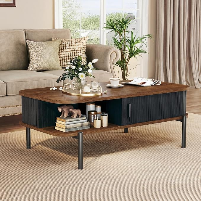 Coffee Table, 39.4" Mid Century Modern Coffee Tables for Living Room, Coffee Table with Storage Open Shelf, Fluted Table with Sliding Cabinet Door, 2-Tier Rustic Wood Desktop, Black & Walnut