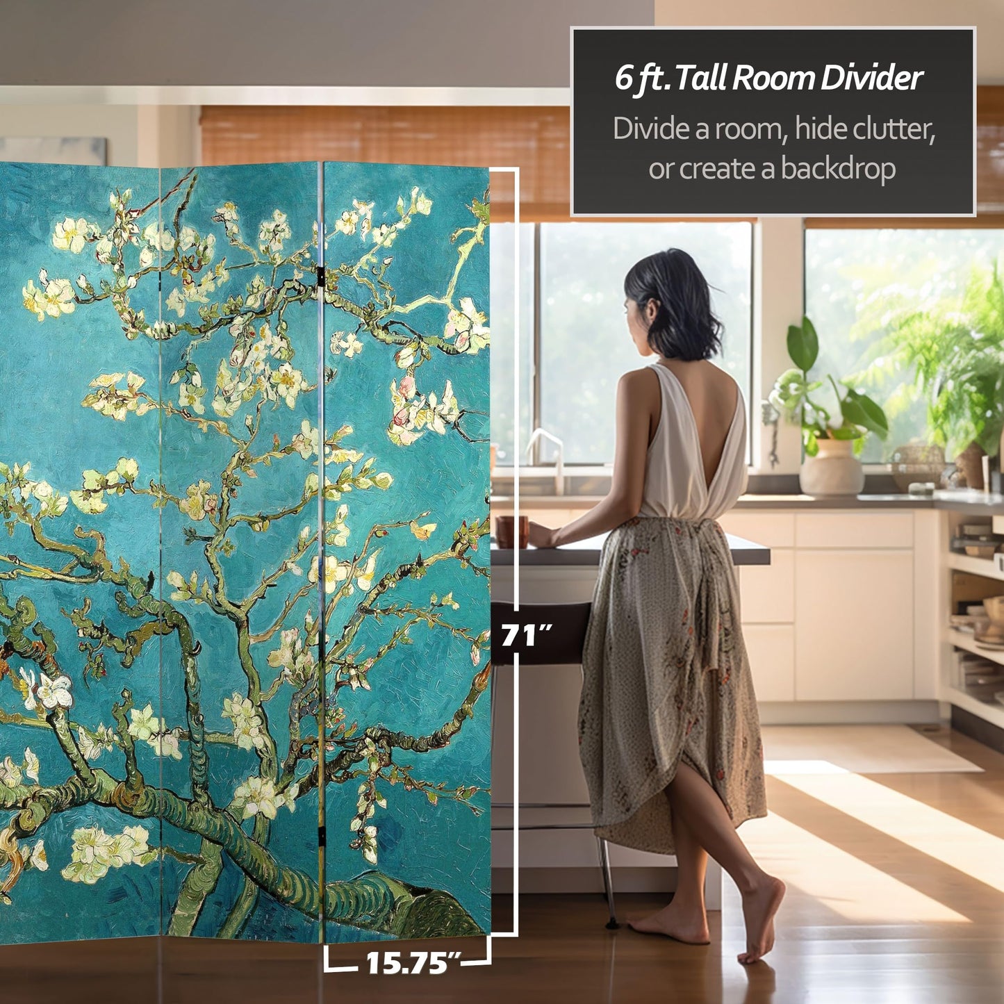 Red Lantern Double Sided Works of Van Gogh Canvas Folding Screen - Almond Blossoms/Wheat Field, 6 ft Tall - 4 Panel