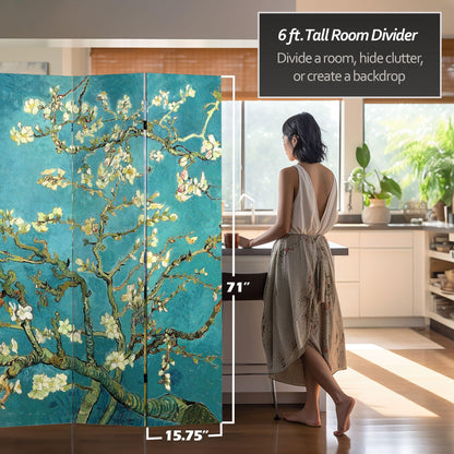 Red Lantern Double Sided Works of Van Gogh Canvas Folding Screen - Almond Blossoms/Wheat Field, 6 ft Tall - 4 Panel