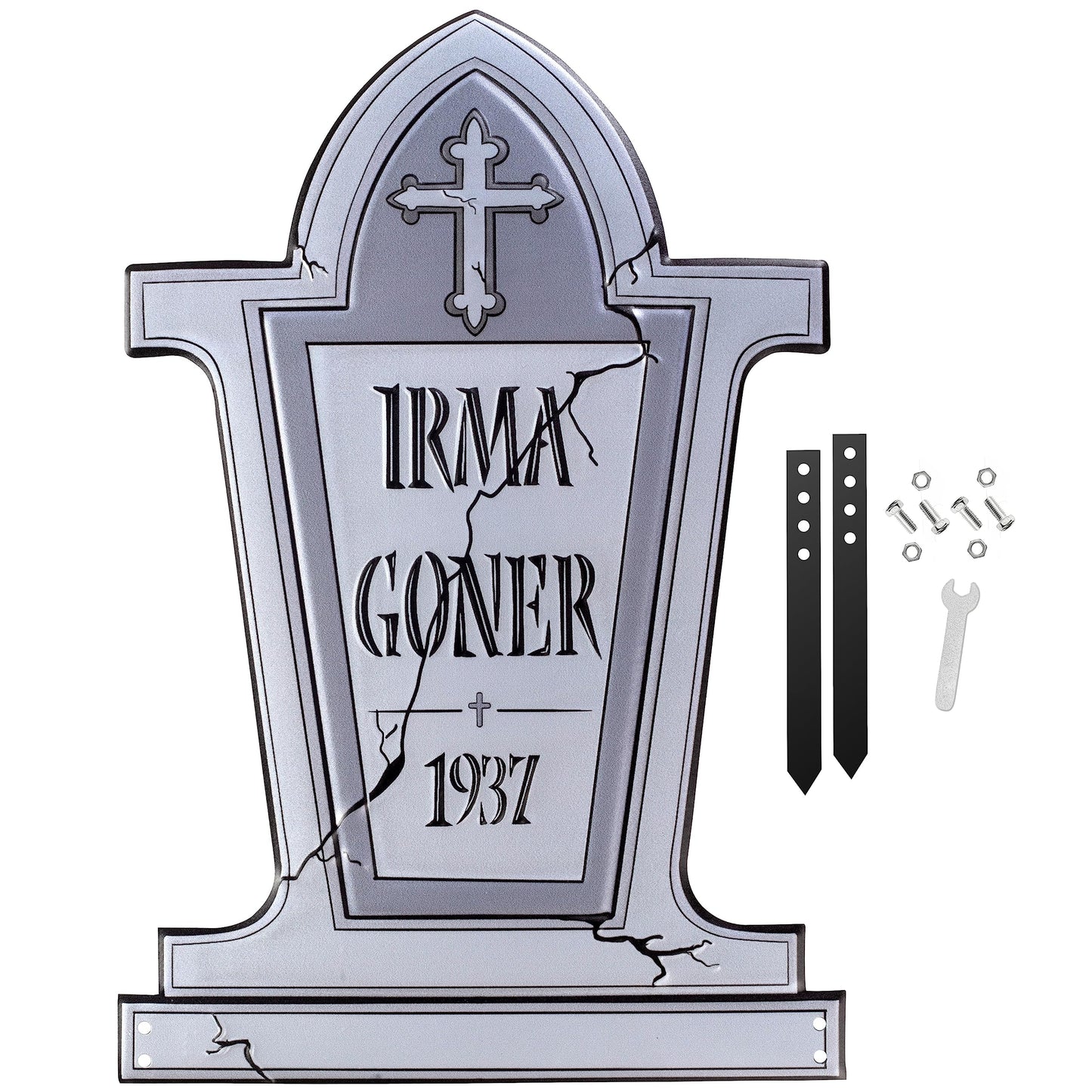 3-D Metal Halloween Ghost XL 17" Tombstone w Stakes -IRMA GONER- Durable, Rustproof, UV Raised Printing- Upgrade Your Haunted House Mansion Cemetary Lawn Decor- No More Flimsy Foam Graveyards