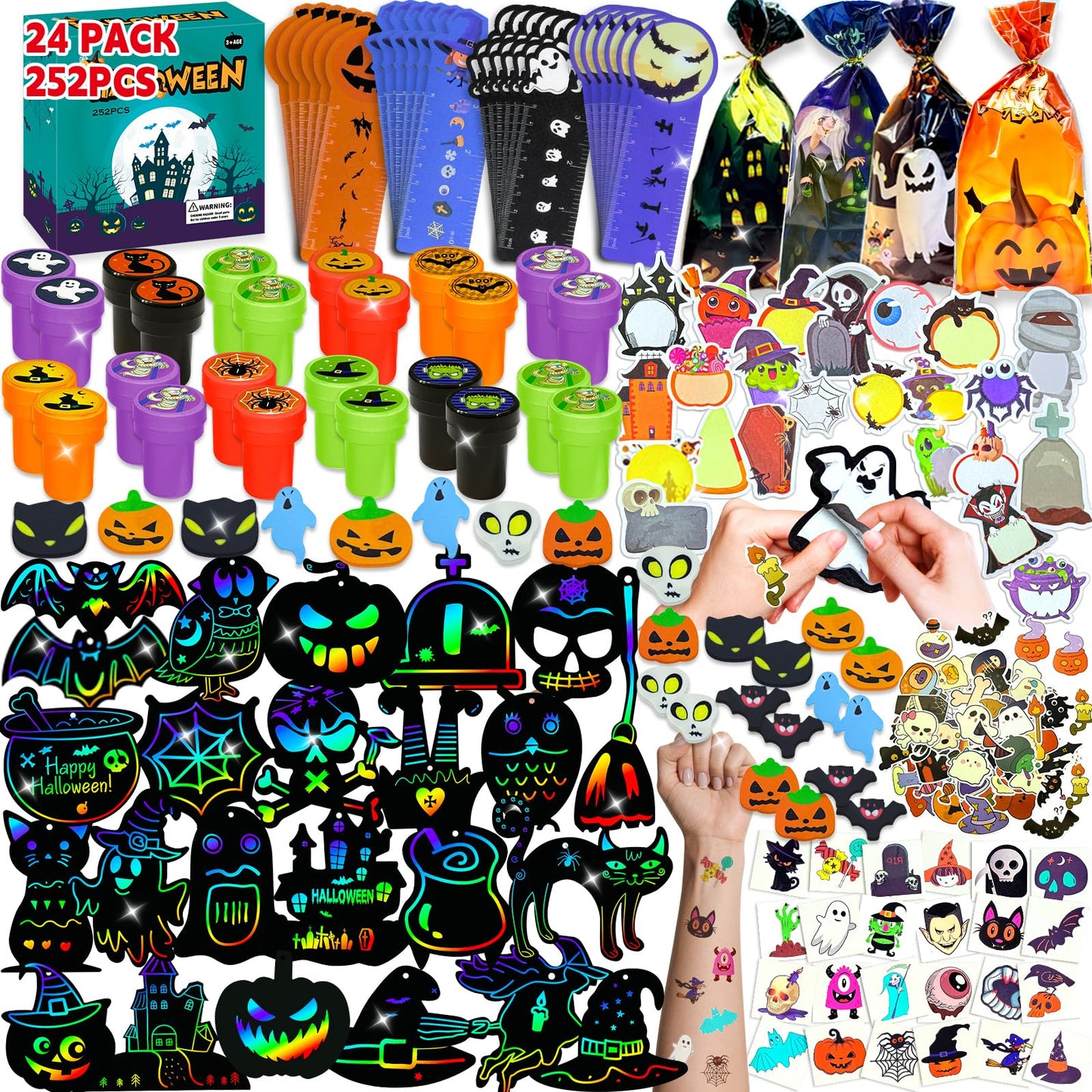 WESAYEE 24 PACK 252PCS Halloween Party Favors for Kids Stationery Set, Goodie Bag Stuffers Classroom Prizes, Halloween School Party Favors for Trick or Treat Bags, Halloween Gifts for Kids Bulk