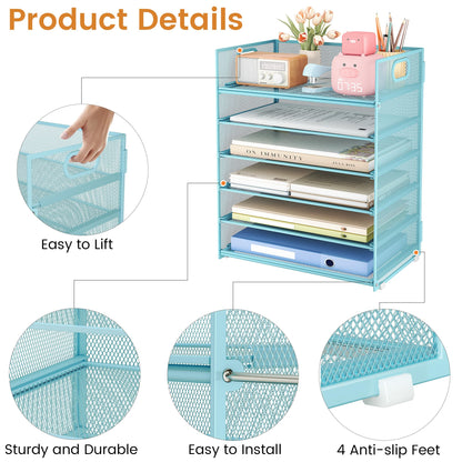 Subekyu 6 Tier Office File Paper Desk Tray Organizer with Handle, Stackable Slide Mesh Letter Tray Folder Blue Desk Organizer, Desktop Document Sorter for Classroom, Office, Home Supplies Storage