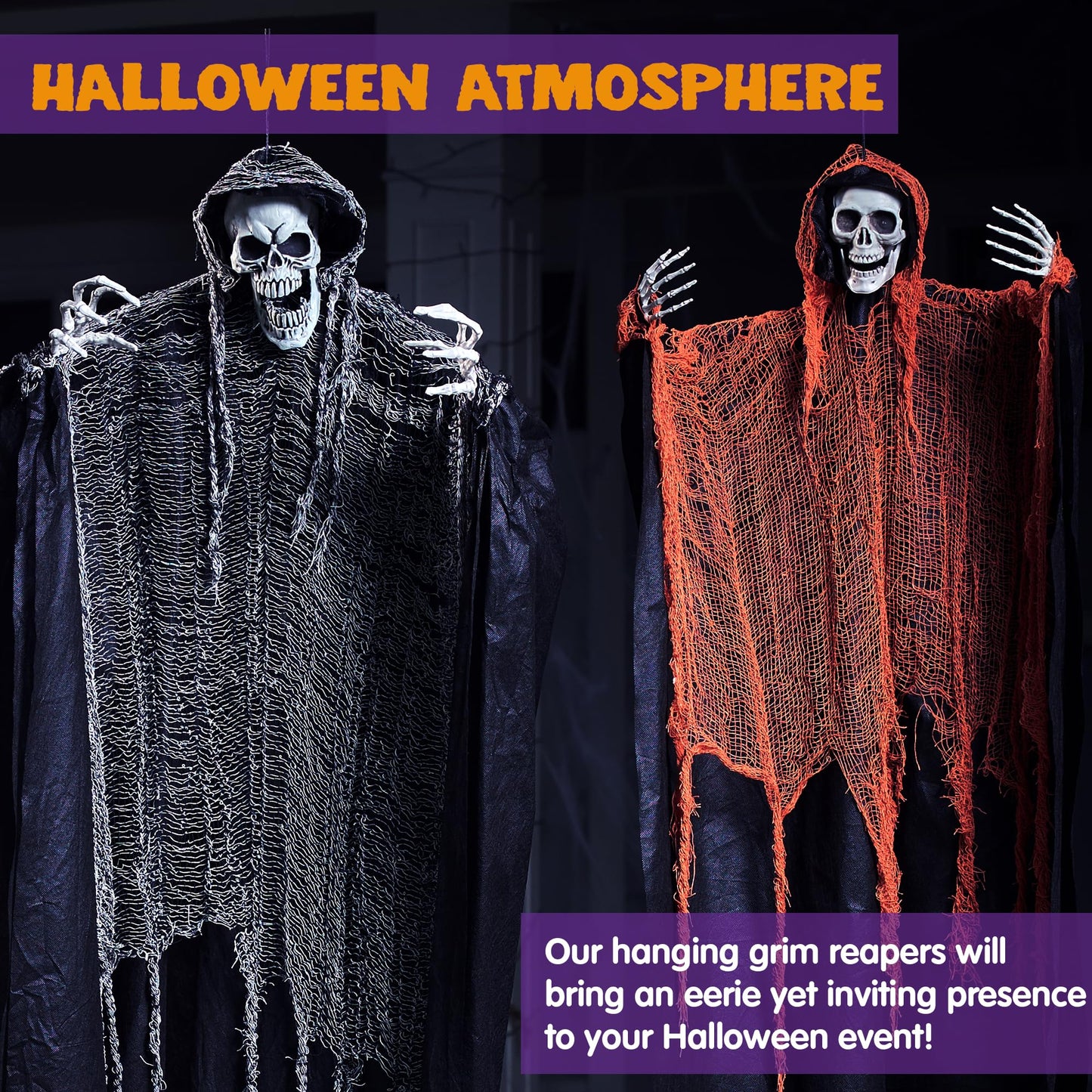 JOYIN 3 Pcs Halloween Hanging Grim Reapers, one 63” Two 47” Grim Reapers, Halloween Skeleton Outdoor Decoration Flying Ghost for Haunted Haunted House Prop, Party Supplies Decor