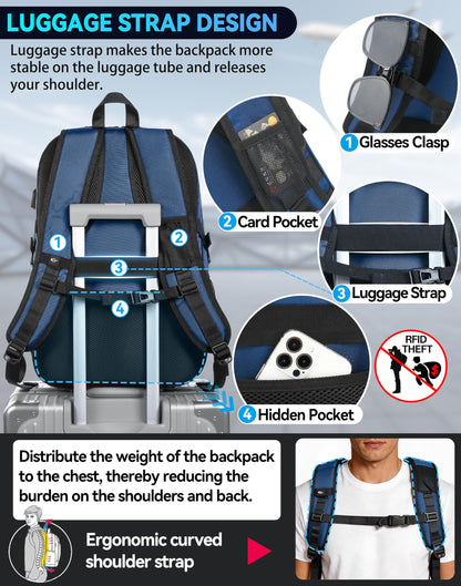 ProEtrade Travel Backpack, Extra Large Laptop Backpack Business Anti Theft TSA Approved College Work Computer Bag Fits 17 Inch Laptop with USB Charging Port for Women Men(Blue)