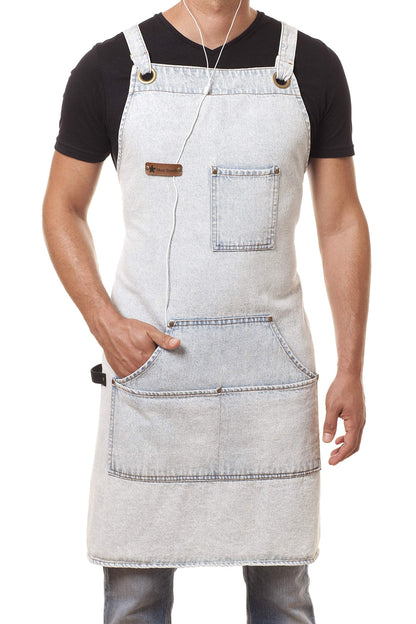 ARAWAK BRAVE Distressed Denim Apron Chef Kitchen BBQ Grill Light Blue Towel Loop + Quick Release Buckle + Tool Pockets Adjustable M to XXL