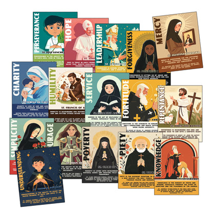 Catholic Saints Posters for Kids - Set of 16 (11x14) Unframed Christian Classroom Decor - Bible Virtues Quotes from Saints - Sunday School & Faith Bulletin Board Decorations