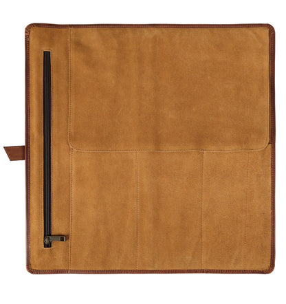 KomalC Premium Buffalo Leather Chef Knife Roll – 17.5″ × 17.5″ Knife Storage Bag with 4 Slots, Suede Lining, Brass Buckle & Zipper Pouch – Portable Travel Case for Chefs & Culinary Students