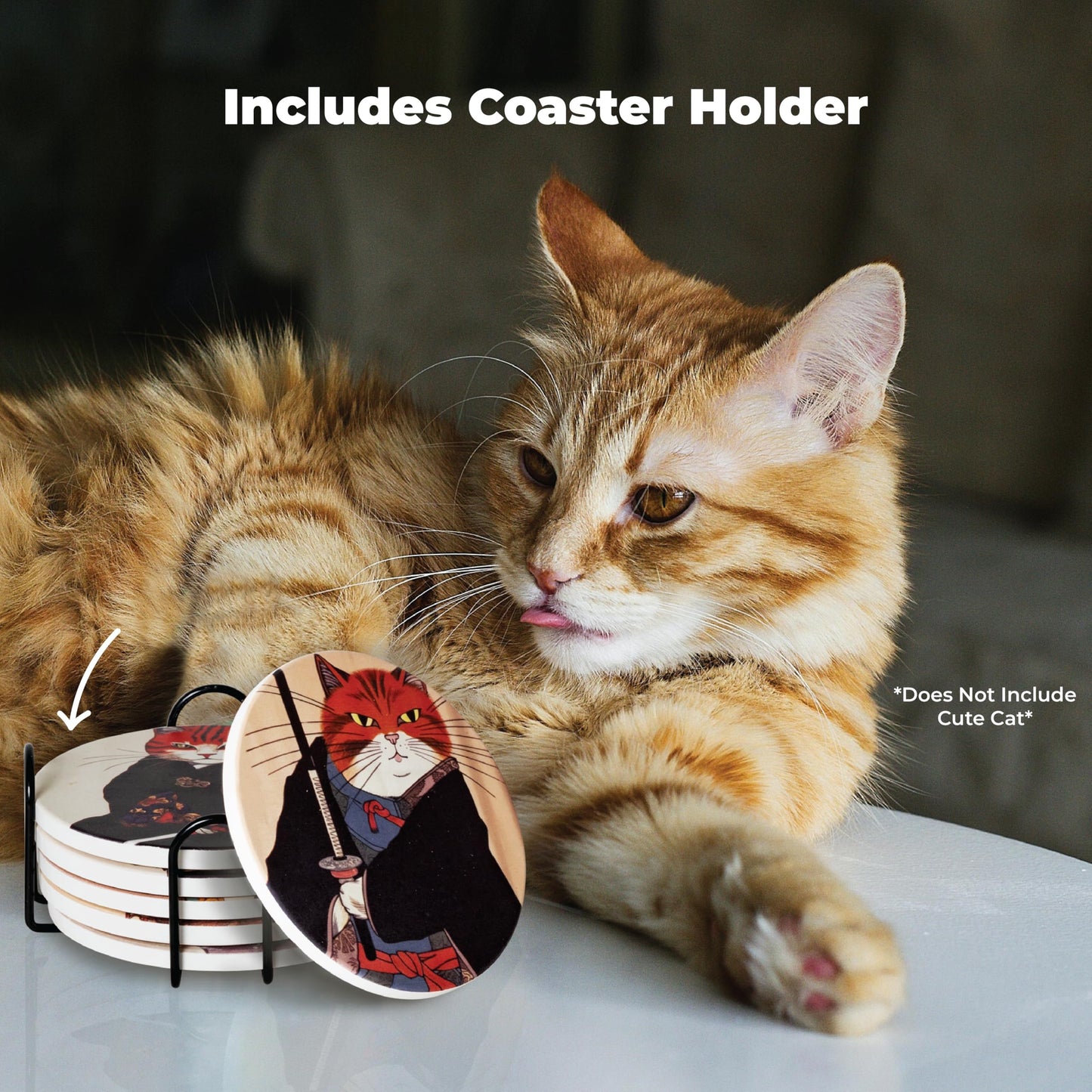 Ninja Cat Coasters - Anime Cat Decor - Set of 6 Drink Coasters with Holder, Funny Coasters, Anime Gifts for Men
