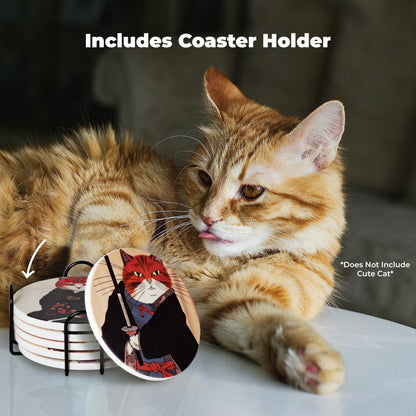 Ninja Cat Coasters - Anime Cat Decor - Set of 6 Drink Coasters with Holder, Funny Coasters, Anime Gifts for Men