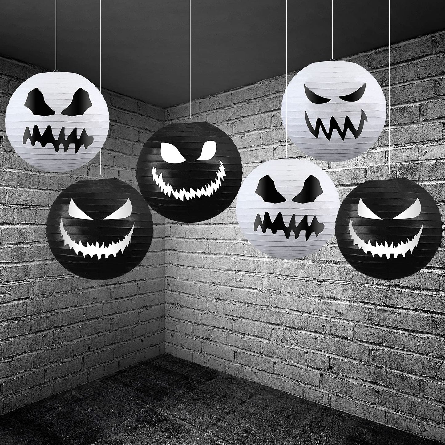 6 Pieces Halloween Paper Lanterns Party Decorations Halloween Hanging Lanterns Decorative for Home Outdoor Yard Party Supplies Favors 11.8 x 11 inch, White, Black (Normal Style)