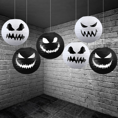 6 Pieces Halloween Paper Lanterns Party Decorations Halloween Hanging Lanterns Decorative for Home Outdoor Yard Party Supplies Favors 11.8 x 11 inch, White, Black (Normal Style)