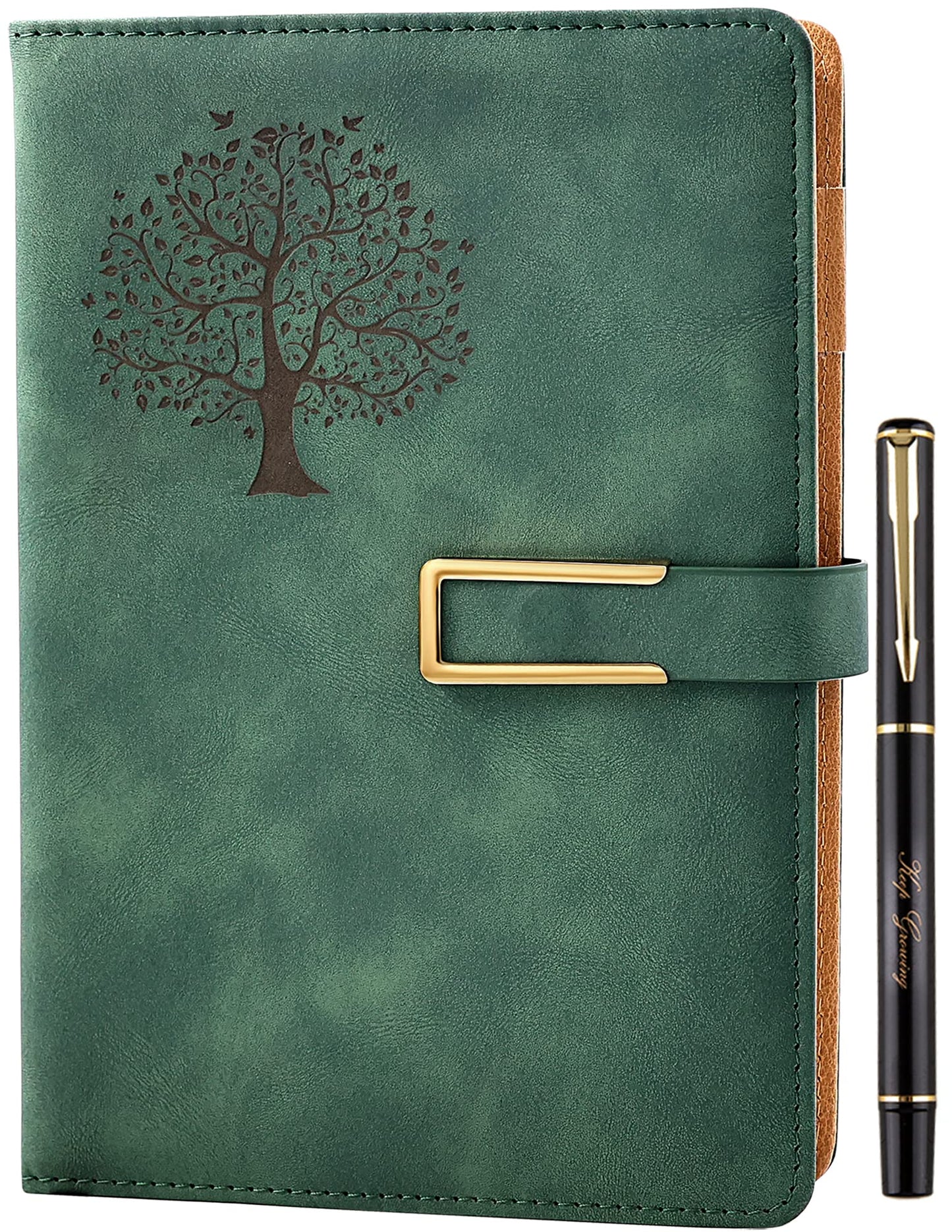 Fanery Sue Tree of Life Refillable Writing Journal for Women&Men Faux Leather Hardcover Notebook A5 College Ruled 200 Lined Pages Lay-Flat Personal Diary with Pen&Magnetic Buckle (Tree of Life-Green)