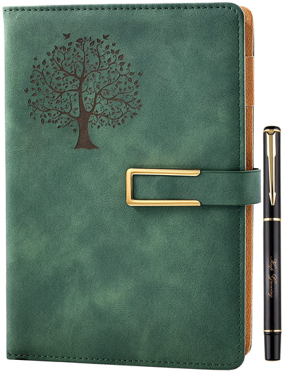 Fanery Sue Tree of Life Refillable Writing Journal for Women&Men Faux Leather Hardcover Notebook A5 College Ruled 200 Lined Pages Lay-Flat Personal Diary with Pen&Magnetic Buckle (Tree of Life-Green)