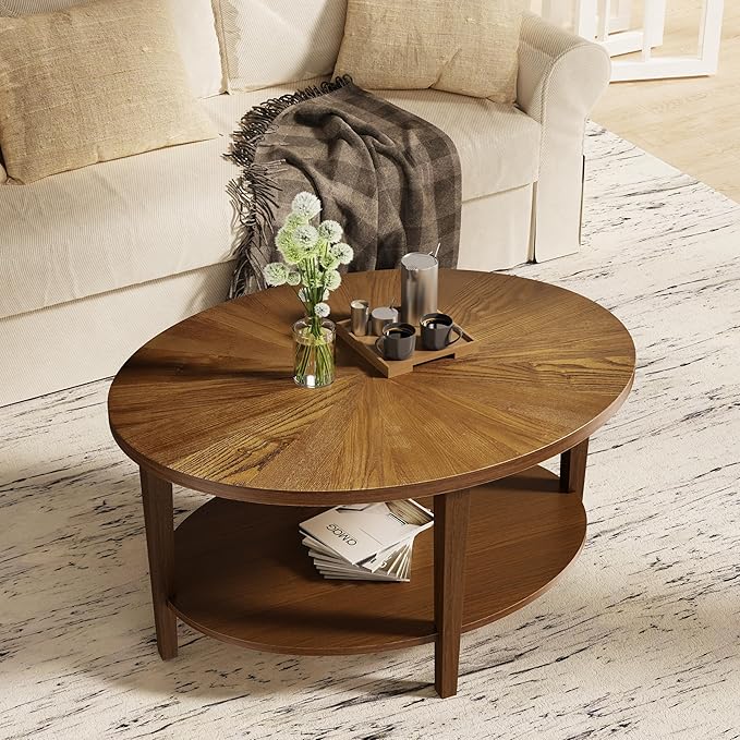 Solid Wood Oval Coffee Table for Living Room, 2 Tier Farmhouse Coffee Table with Storage Shelf, Double Layer Center Table for Living Room, Easy Assembly
