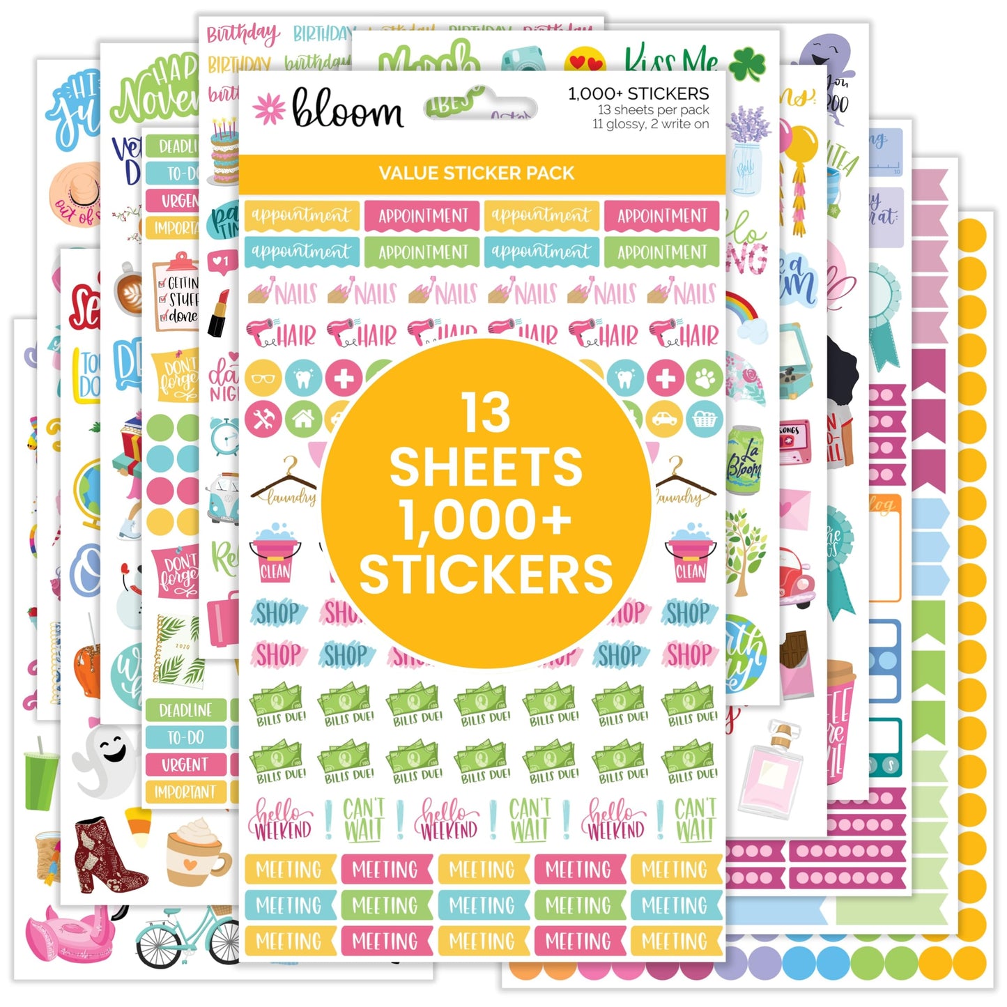 Bloom Daily Planners Planner Sticker Value Pack (13 Unique Sheets / 1,000+ Stickers) - New Variety Assortment Bundle for Planning & Decorating