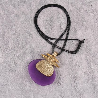 Jeniiahua Boho Necklaces for Women Leather Bohemian Chunky Vintage Long Necklace with Large Purple Irregular Pendant