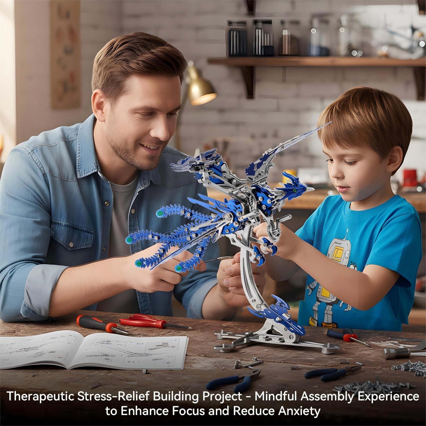 Gold-Plated Metal Phoenix Model Kit - 3D Stainless Steel Mythical Bird Puzzle for Adults - Mechanical Firebird Figurine - Steampunk Kinetic Art Sculpture - Home Decor Gift(Phoenix-Blue)