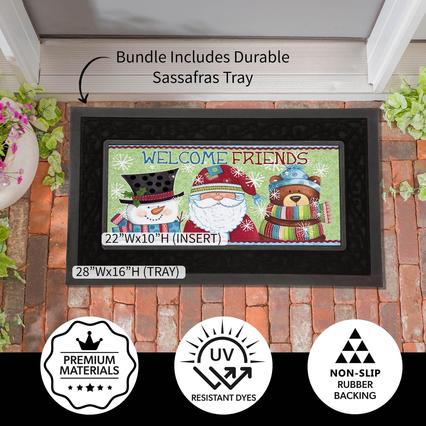 Evergreen Sassafras Fall Christmas Holiday Doormat Insert Bundle & Tray Set of 5, Interchangeable Entrance Door mats Indoor and Outdoor Welcome Mat 30 x 18 Tray Non Slip Backing Low Profile