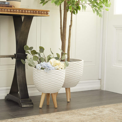 Deco 79 Ceramic Geometric Indoor Outdoor Planter Diamond Patterned Large Planter Pot with Wood Tripod Legs, Set of 2 Planters 16", 14"H, White