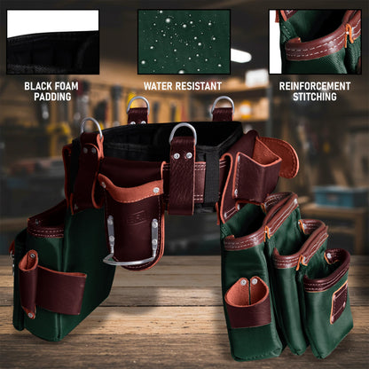 FUERI Electrician's Heavy Duty 26 Pocket Leather-Nylon Tool Belt & Suspender Combo, Comfort Back Support Padded Belt, 2 Large Storage Capacity Pouches, Best for Framers, Carpenter, Roofing