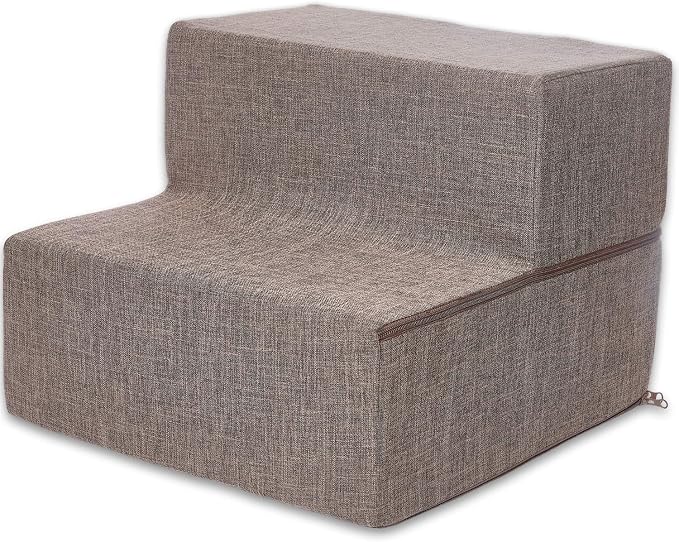 Best Pet Supplies Non-Slip Foam Dog Stair & Pet Ramp, Balanced Indoor Step Support - Foldable Stair, Brown Linen, 2-Step